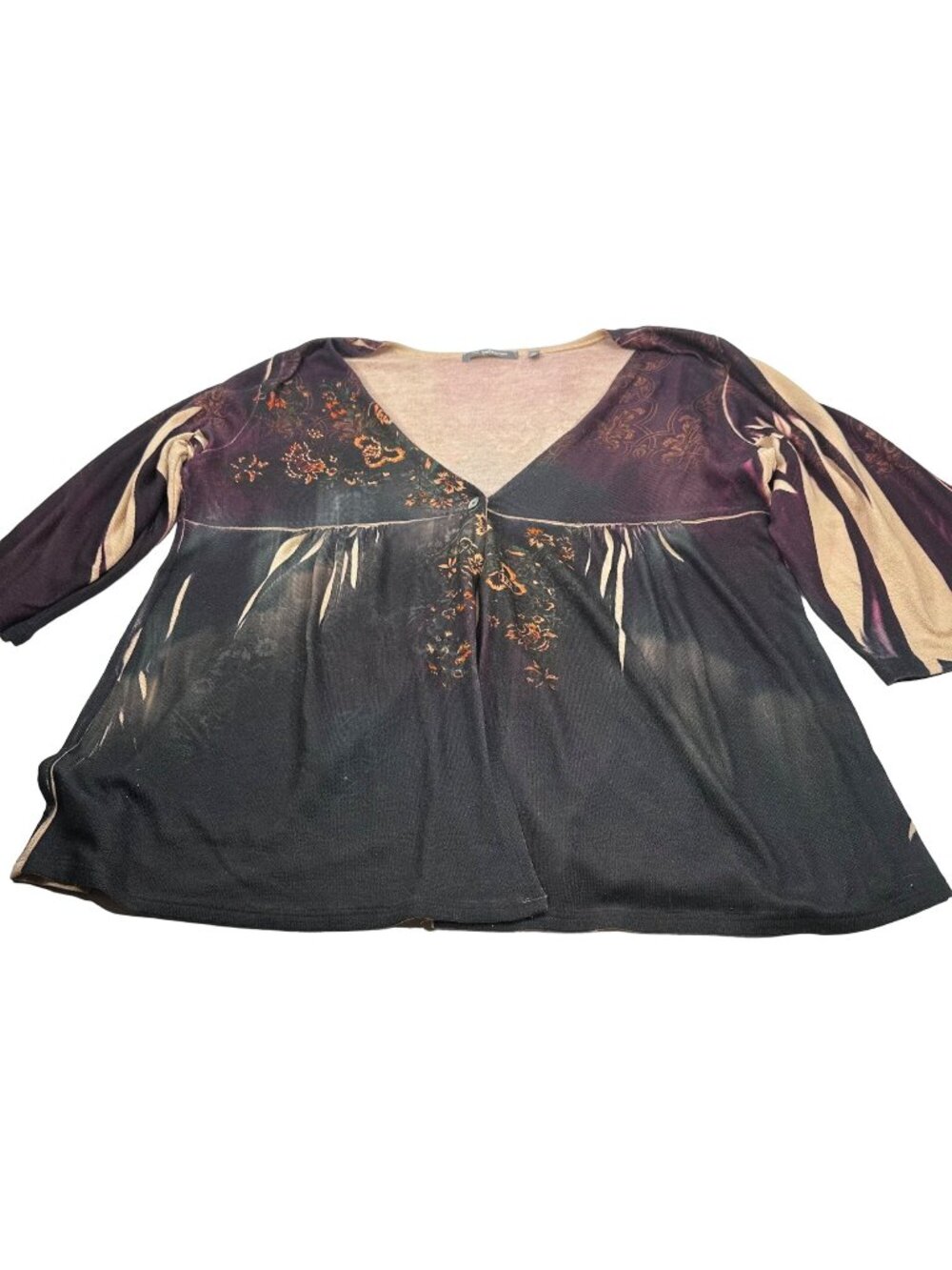NY Collection Women's Sz 1X One Button Over Shirt 3/4 Sleeve Brown Preowned Snag